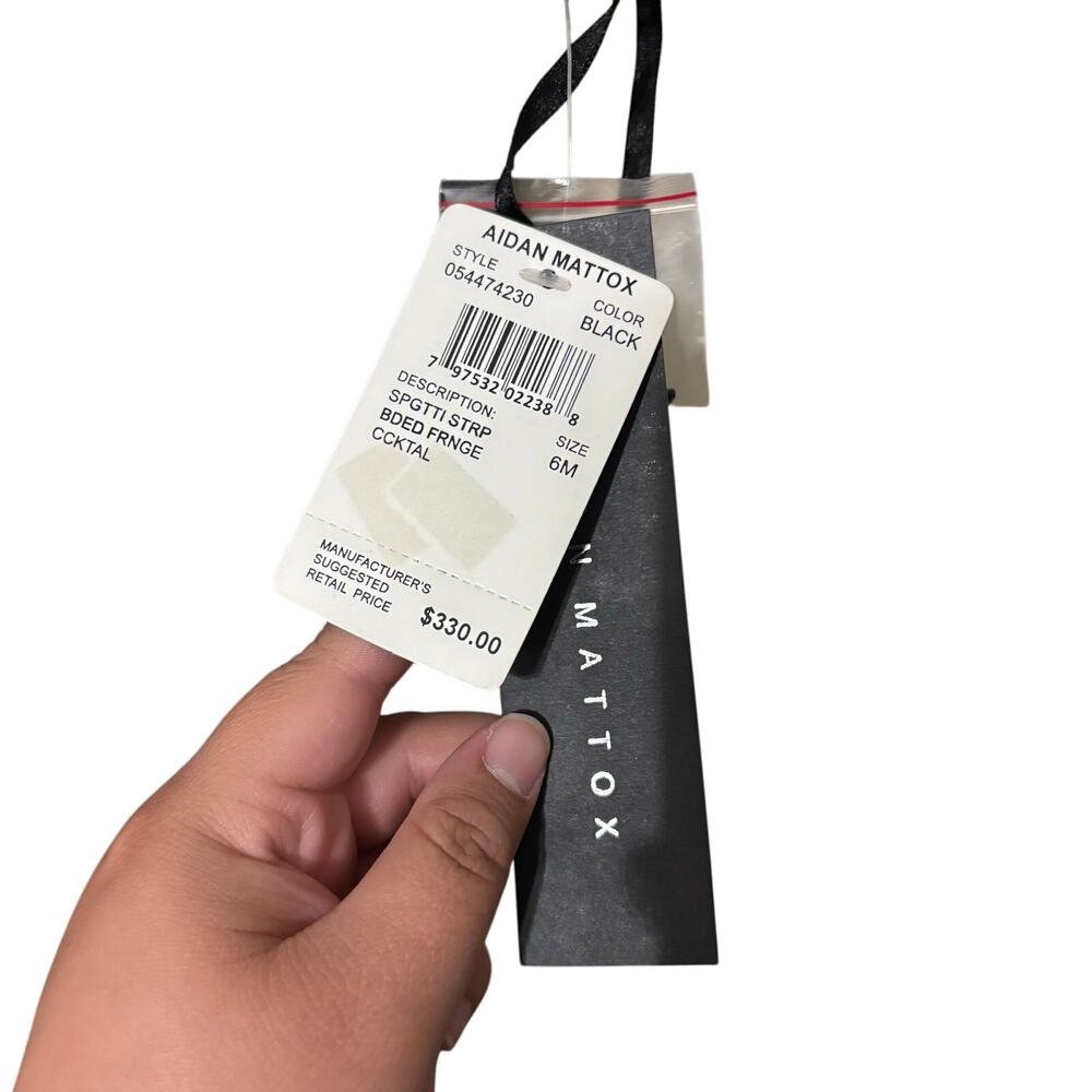 Aidan Mattox Black Spaghetti Strap Beaded Fringe Mini Dress Size Medium - Picture 3 of 6